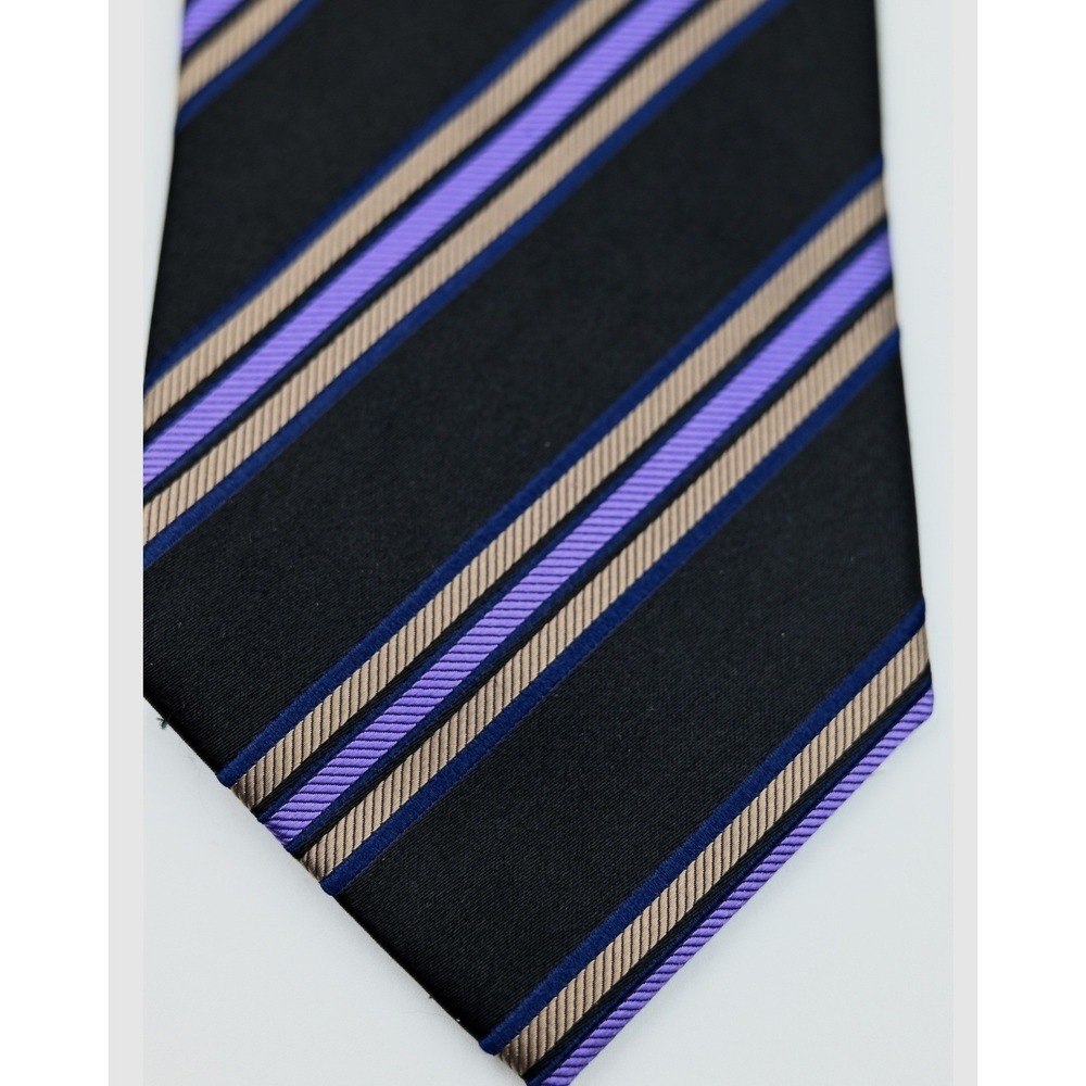 NWT $110 Kolte Italy Silk Necktie Black Purple Gold Blue Striped Made in Italy
